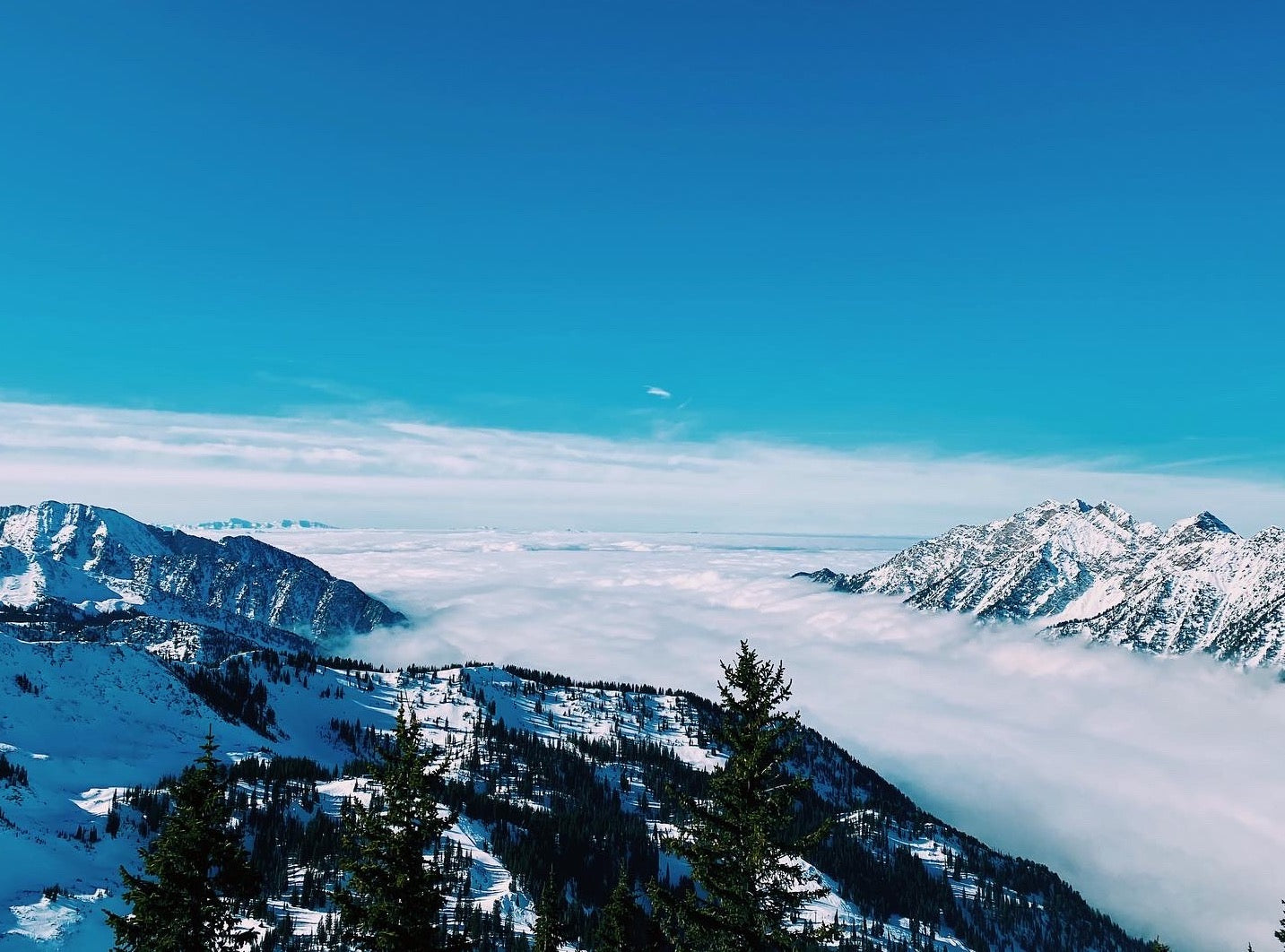 View from the top of Snowbird Mountain in Utah. The view is from above the clouds and shows alpine, snow and bright blue skies. It is a great place for apres ski as you can grab a fresh cold beer and enjoy the incredible views from the top of the mountain